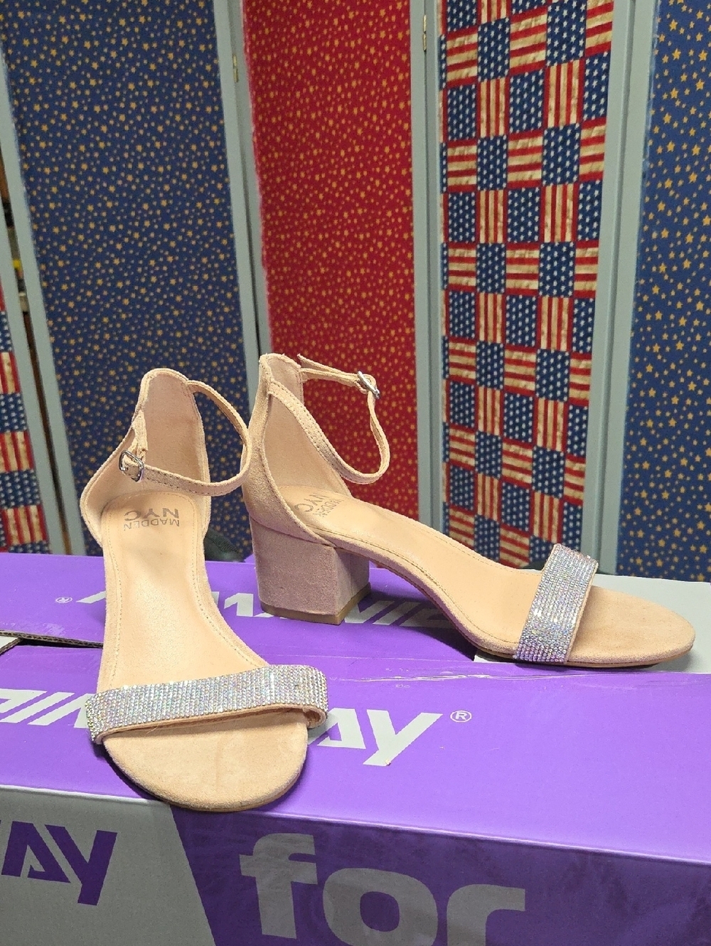 Sparkle Strap Block Heel Sandals in Nude with Ankle Strap